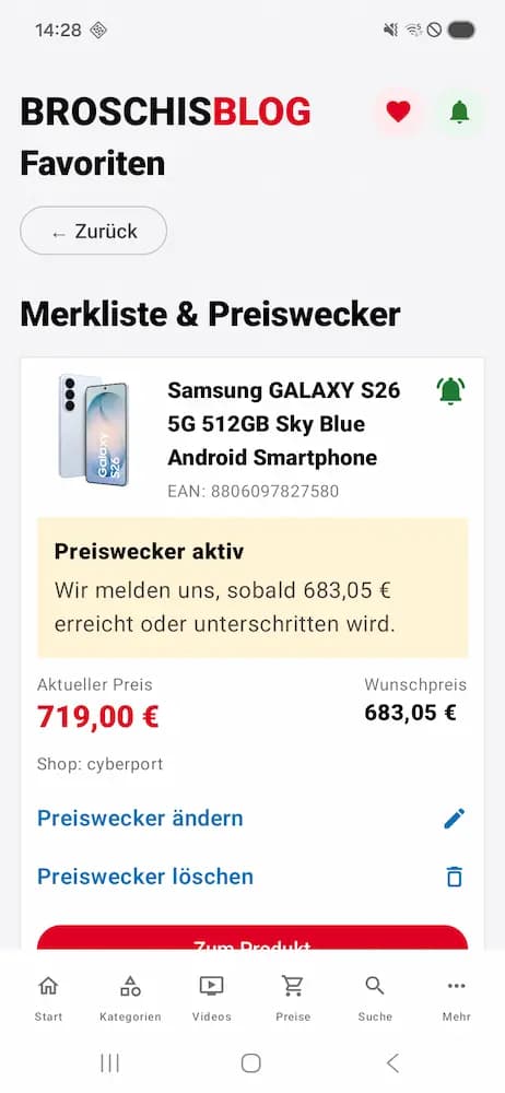 Favoriten und Preisalarme in der BroschisBlog App